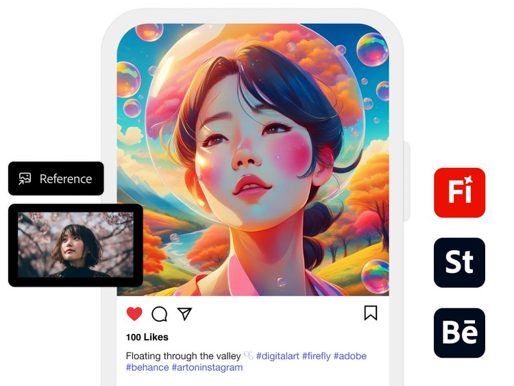 AI generovaný obrázek dívky dívající se skrz bublinu ve stylu surrealistické grafiky s referenčním obrázkem v AI generátoru anime