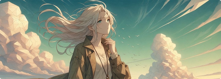 Anime postava v poly stylu s vlajícími vlasy a náhrdelníkem s kompasem hledící na dramatickou oceánskou scenérii.