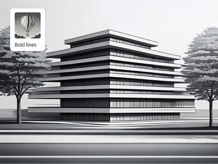 Architektonická skica hranaté budovy, kterou AI generátor skic vygeneroval ve stylu výrazných linií