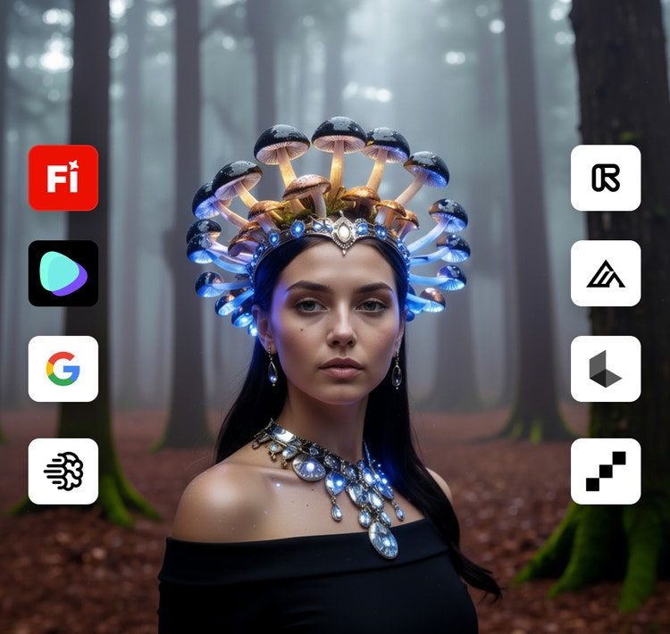 Obrázek ženy v lese s korunou ze svítících hub. Na boku jsou ikony představující různé modely AI dostupné ve Firefly.