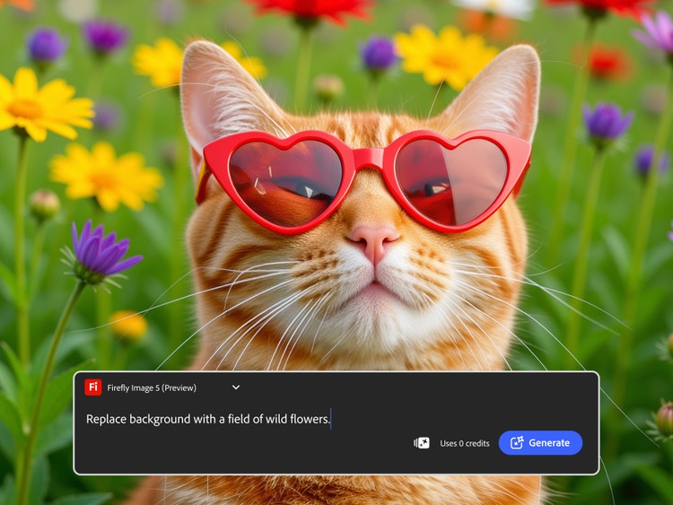 Zrzavá mourovatá kočka má na očích červené brýle ve tvaru srdce. Obrázek ve spodní části překrývá textový pokyn v AI editoru fotografií pro nahrazení pozadí polem lučních květin.