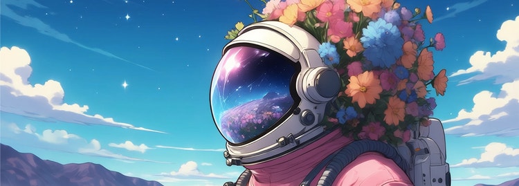 Obrázek ve stylu anime, na kterém je osoba v astronautské helmě ozdobené korunou z barevných květin na jasně modrém pozadí.