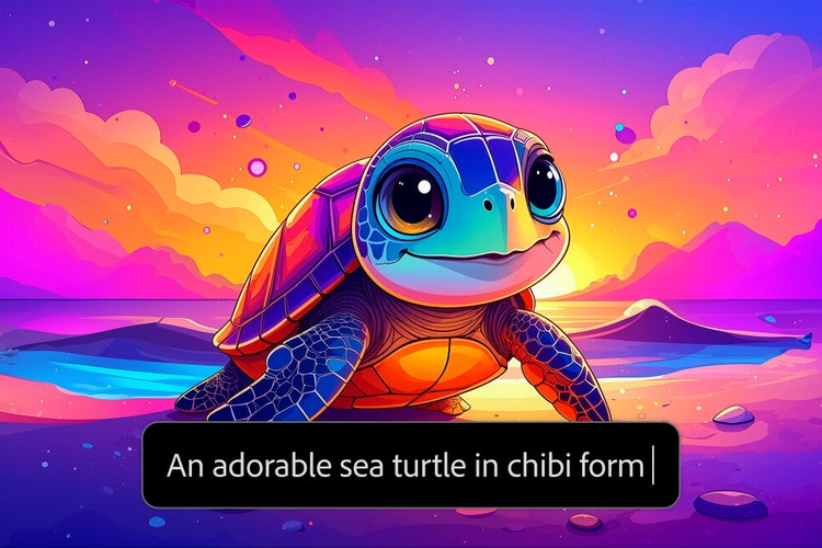 Jasně barevná kreslená mořská želva v chibi stylu při západu slunce s pokynem „Roztomilá mořská želva ve stylu chibi.“