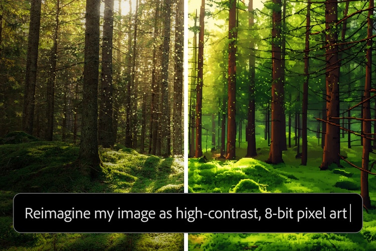 Obrázek lesa, který je uprostřed rozdělený na dvě půlky. Jedna strana je fotorealistická, zatímco druhá je ve stylu pixel artu. Obrázek částečně překrývá pokyn pro přetvoření obrázku na 8bitový pixel art s vysokým kontrastem.