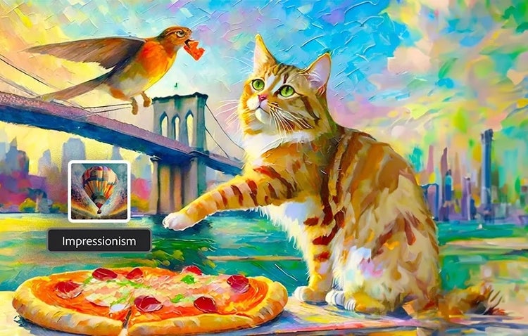 Obrázek kočky baštící pizzu. Podle pokynu pro AI ho v impresionistickém uměleckém stylu vygenerovala technologie Firefly.