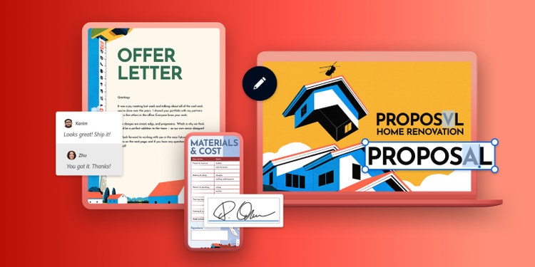 Vytvářejte profesionální dokumenty a spolupracujte na nich pomocí aplikace Adobe Acrobat – zobrazeno na tabletu, telefonu a notebooku s komentáři týmu v reálném čase