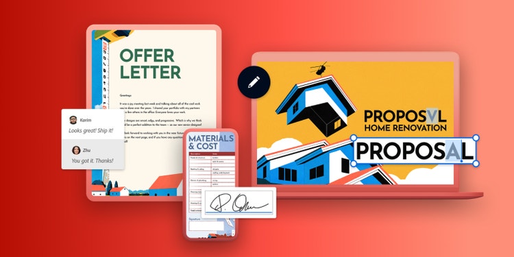 Vytvářejte profesionální dokumenty a spolupracujte na nich pomocí aplikace Adobe Acrobat – zobrazeno na tabletu, telefonu a notebooku s komentáři týmu v reálném čase