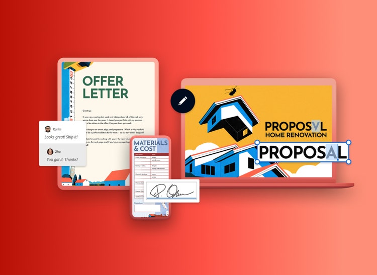 Vytvářejte profesionální dokumenty a spolupracujte na nich pomocí aplikace Adobe Acrobat – zobrazeno na tabletu, telefonu a notebooku s komentáři týmu v reálném čase