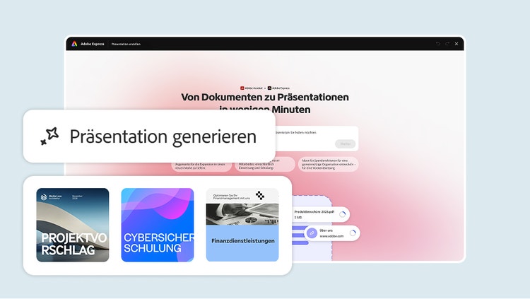 Prompt „Präsentation generieren“, der Dokumente in Folien umwandelt, mit Vorschaubildern der Vorlage „Financial Services“ und weiterer Vorlagen