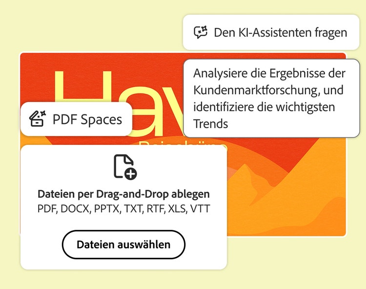 Datei-Upload in PDF Spaces und Prompt für den KI-Assistenten zur Analyse von Kundenstudien, über einer Folie eines Reisebüros