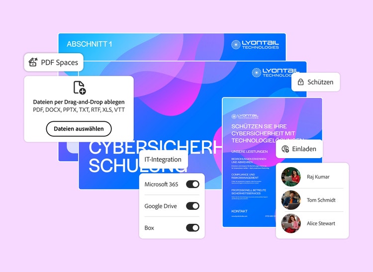 Upload in PDF Spaces und Schalter für die Integrationen von Microsoft 365, Google Drive und Box, über Folien zu einer Cybersicherheitsschulung