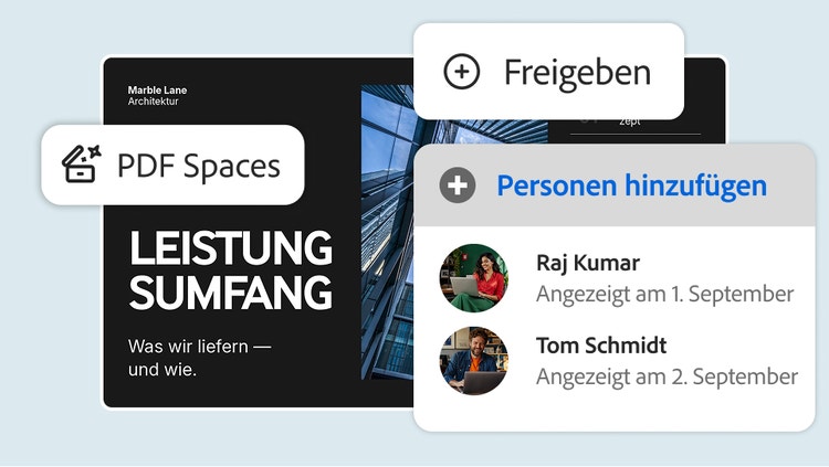 Bereich „Teilen“ in PDF Spaces, der zwei Kolleginnen und Kollegen zeigt, die eine Präsentation „Scope of Work“ angesehen haben