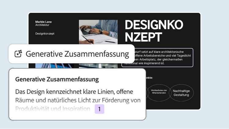 Generative Zusammenfassung, die eine Architektur-Folie „Design Concept“ auf einen einzigen Satz verdichtet