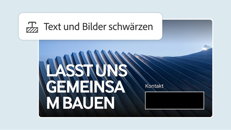 Tool „Text und Bilder schwärzen“ über einer Kontaktfolie „Let's build together“, deren Kontaktdaten geschwärzt sind