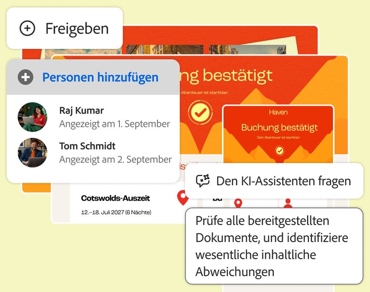 Prompt für den KI-Assistenten zum Erkennen von Unterschieden zwischen Dokumenten, mit Bereich „Teilen“, über Reisebuchungsbestätigungen