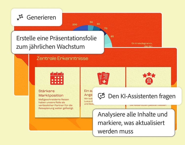 Generieren-Prompt für eine Folie zum jährlichen Wachstum und Prompt für den KI-Assistenten zum Markieren zu aktualisierender Inhalte, über einer Folie „Key takeaways“