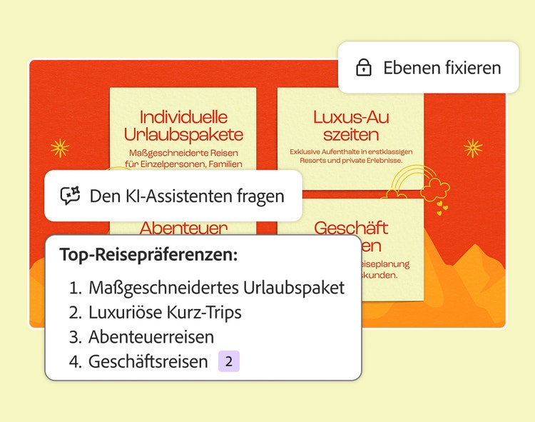 KI-Assistent erstellt eine Rangliste der wichtigsten Reisepräferenzen anhand einer Folie mit vier Urlaubs- und Geschäftsreiseangeboten, mit „Ebenen sperren“