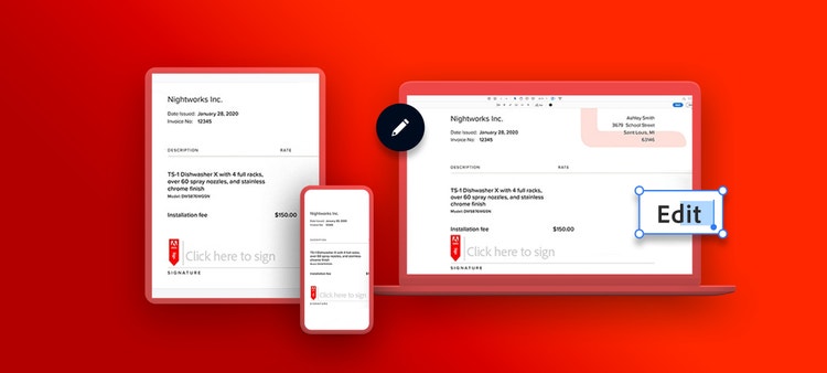Unterzeichnung von Dokumenten mit handschriftlichen Unterschriften über Adobe Sign auf einem Mobilgerät, Tablet und Laptop