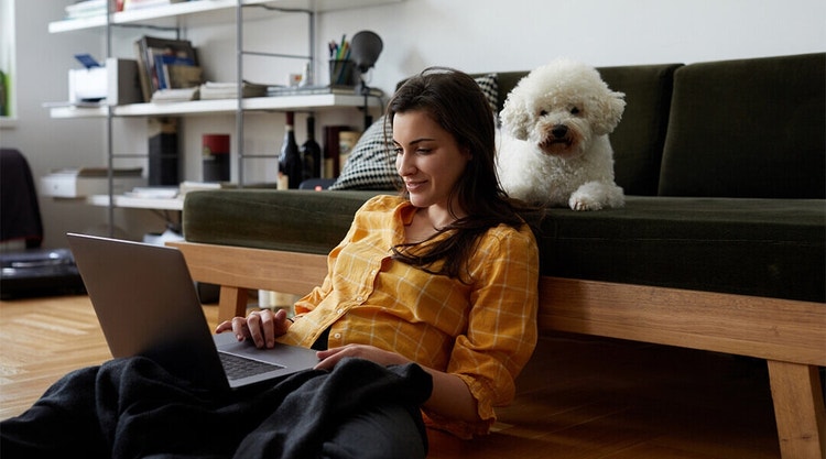 Eine auf dem Fußboden sitzende Frau blickt auf ihren Laptop; sie lehnt sich an ein Sofa, auf dem ihr Hund sitzt.