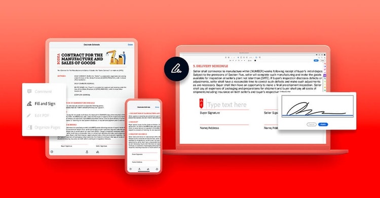 Ein Vertrag wird in Acrobat Sign auf einem Tablet, einem Smartphone und einem Laptop angezeigt.
