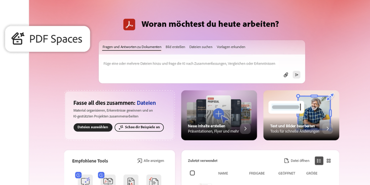 Acrobat PDF Spaces-Grafik zeigt einen Workspace mit Dokumenten, Diagrammen und dem Callout „Eigene erstellen“.