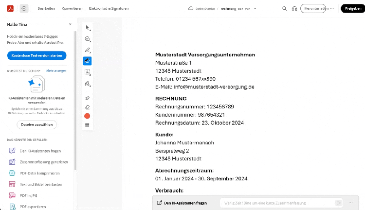 GIF vom Adobe Acrobat PDF-Editor. Mit dem Stift-Werkzeug werden Textabschnitte in einem PDF farbig markiert.