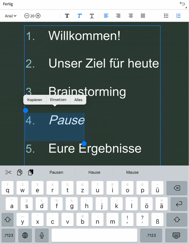 Screenshot von der Arbeit an einem PDF-Dokument über die Acrobat Reader App