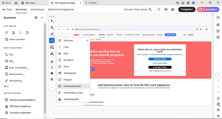 Screenshot von den Zeichnen-Funktionen in Acrobat Pro.