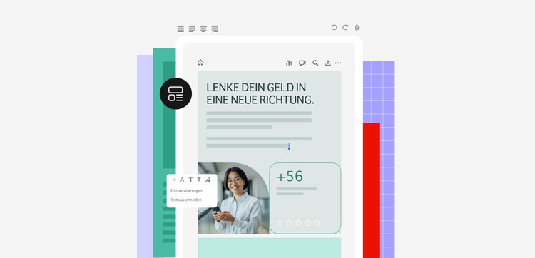 Ein PDF mit Informationen zu Finanzplanung ist geöffnet, eine Werkzeugleiste zeigt verschiedene Optionen zur Bearbeitung des Textes.