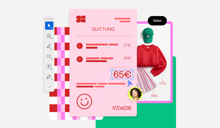 Grafische Darstellung einer Quittung für ein neues Outfit als PDF und ein Bild des neuen Outfits.