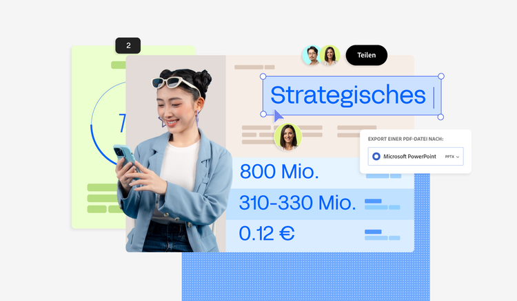 Links im Bild schaut eine Frau mit blauem Jacket auf ihr Handy. Rechts neben ihr ist ein Executive Summary mit der Überschrift Strategisches zu sehen.