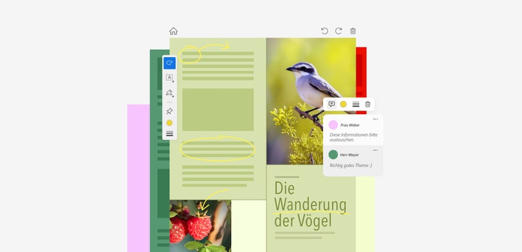 Ein PDF mit Bildern von Vögeln ist geöffnet, eine Werkzeugleiste zeigt Optionen zur Bearbeitung und zwei Kommentare sind hinzugefügt.
