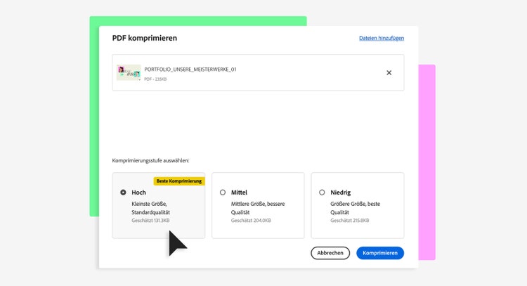 Screenshot von der Auswahl der Komprimierungsstufe in PDF komprimieren von Acrobat Onlinetools.