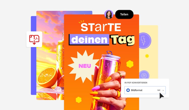 Eine TIFF-Datei mit einem Bild von einer Hand mit bunt bemalten Fingernägeln, die eine Getränkedose hält und dem Titel: Starte deinen Tag neu. Unten links ist ein Feld für die Konvertierung in PDF zu sehen.