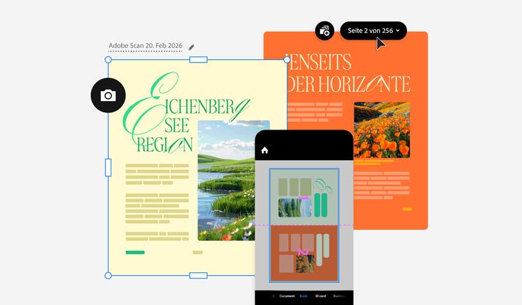 Grafische Darstellung von der Digitalisierung von zwei Buchseiten im Hintergrund. Im Vordergrund ist ein Handy mit einem Scan zu sehen.