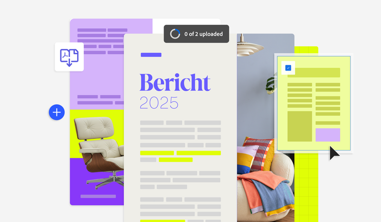 Grafische Darstellung von zwei Word-Dokumenten. Auf der rechten Seite ist das Upload-Fenster vom Tool Word in PDF umwandeln von Acrobat Onlinetools zu sehen.