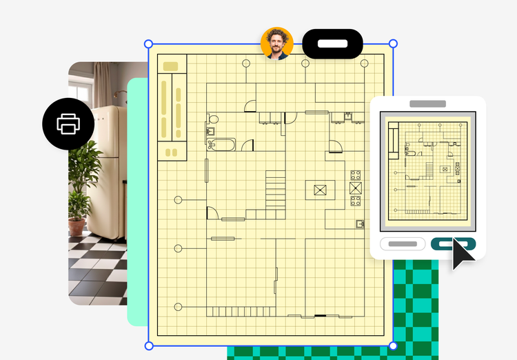 Graphische Darstellung vom Grundriss einer Wohnung, der auf Millimeterpapier gezeichnet ist. Rechts ist ein Fenster zur Konvertierung zu sehen, in der Dokumentebene hinter dem Grundriss, ein Foto der Wohnung.