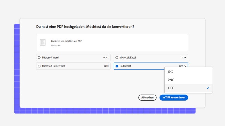 Du siehst die Bedienoberfläche des PDF-Converters von Acrobat Onlinetools. Die PDF ist bereits hochgeladen und unter Bildformat ist TIFF für die Konvertierung ausgewählt.