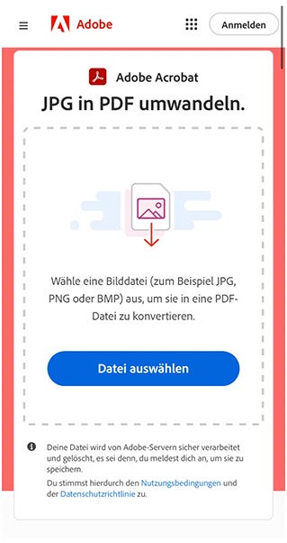 https://www.adobe.com/de/acrobat/online/jpg-to-pdf.html | Screenshots des JPG-in-PDF-Konverters der Acrobat Onlinetools.