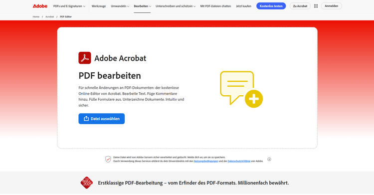 https://main--dc--adobecom.aem.page/de/dc-shared/assets/videos/acrobat/media_1ce7ddf13e01728884142cc9028f8463c6567fdb7.mp4#_autoplay | Screenshot zeigt den Prozess auf der Adobe Acrobat Webseite zum Bearbeiten von PDFs. Der Nutzer kann eine PDF-Datei per Drag and Drop oder durch Klick auf den Button „Datei auswählen“ hochladen. Nach dem Upload der Datei bietet das Tool Optionen zum Bearbeiten sowie zum Hinzufügen von Text, Kommentaren und weiteren Elementen.