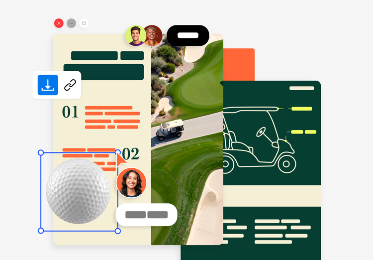 Grafische Darstellung von mehreren Seiten eines PDF-Dokuments mit Informationen über einen Golfplatz, das gerade bearbeitet wird.