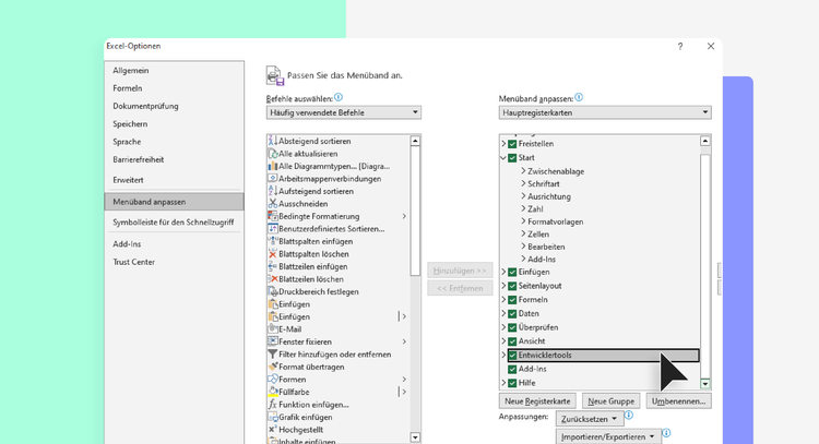 Fenster mit Excel-Optionen. Links ist Menüband anpassen ausgewählt und auf der rechten Seite wurde gerade der Haken bei Entwicklertools gesetzt.