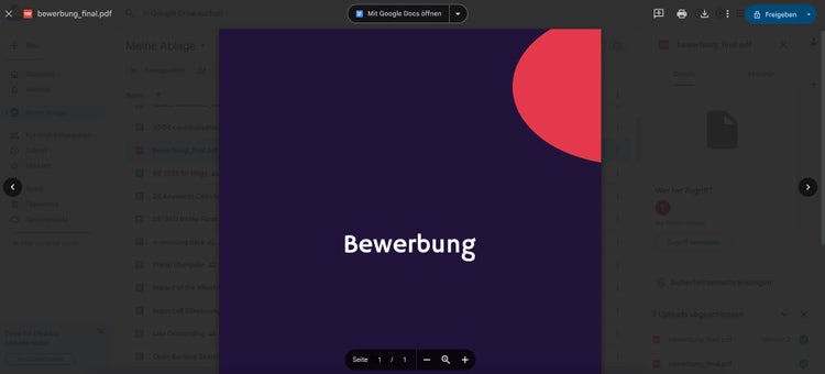 Screenshot von einem in Google Drive geöffneten PDF. Oben in der Mitte befindet sich der „Mit Google Docs öffnen“-Button, mit dem sich das PDF in ein Google Docs umwandeln lässt.