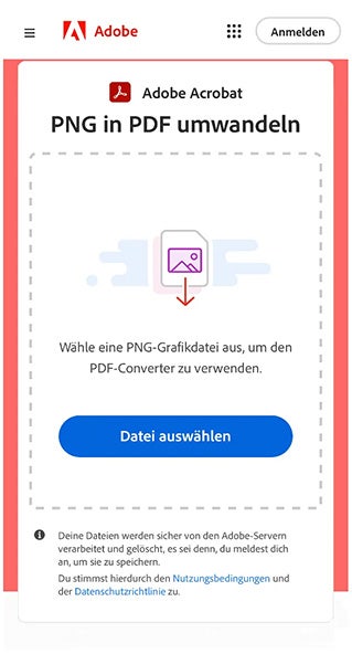 https://www.adobe.com/de/acrobat/online/png-to-pdf.html | Screenshots des PNG-in-PDF-Konverters der Acrobat Onlinetools.