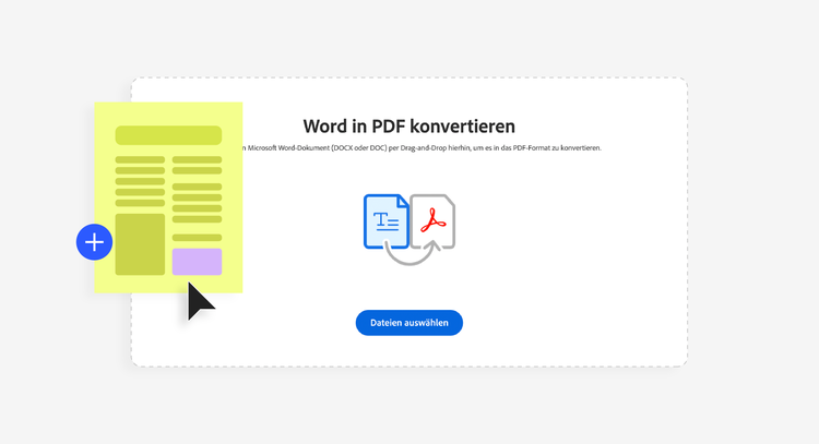 Screenshot vom Upload-Fenster des Acrobat Onlinetools Word in PDF umwandeln.