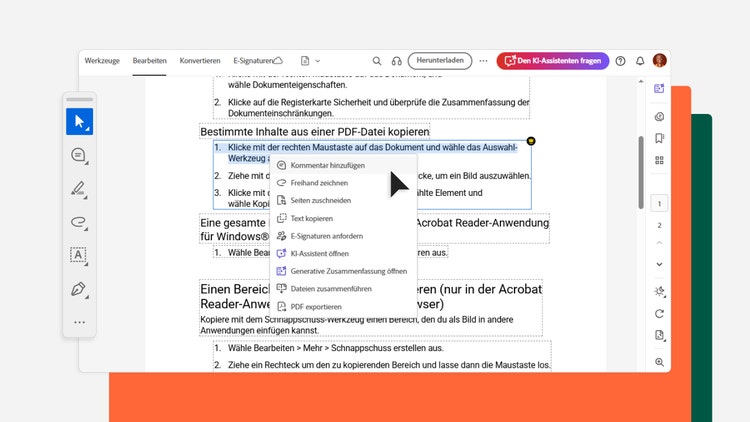 Screenshot von der Bedienoberfläche des PDF-Editors von Acrobat Onlinetools mit einem markierten Textabschnitt. Darüber ist ein Fenster geöffnet, das Optionen zur Bearbeitung wie Kommentare hinzufügen und Freihand zeichnen anzeigt.