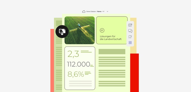Ein PDF mit Statistiken und Fotos zum Thema Landwirtschaft ist im Bearbeitungsprogramm geöffnet.