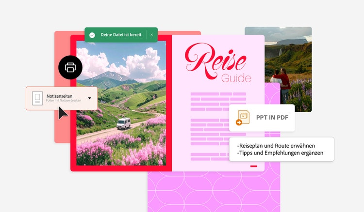 Grafische Darstellung von einer PowerPoint-Präsentation, bei der eine Reise vorgestellt wird. Links ist ein Fenster für den Druck der Notizenseiten zu sehen, rechts die Notizen und ein Fenster für die Konvertierung der Datei von PowerPoint in PDF.