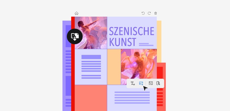 Ein PDF mit Fotos und Text zum Thema szenische Kunst ist geöffnet. Eine Werkzeugleiste enthält verschiedene Bearbeitungsoptionen, die Maus hovert über dem Symbol zum Hinzufügen von Bildern.