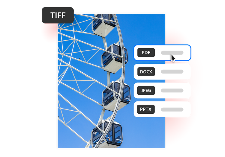 Riesenrad vor strahlend blauem Himmel, dargestellt als „TIFF zu PDF“-Konversion, im Menü „Format“ ist „PDF“ ausgewählt